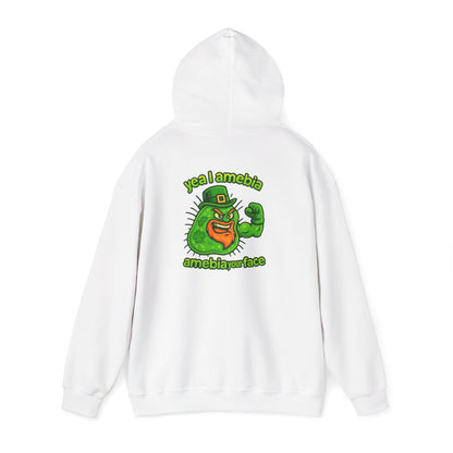 Amebiavirus St. Patrick's Day Hoodie — Funny Green Germ Mascot with 'yea bia amebiavirusface' Text