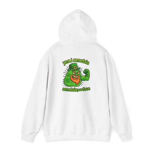 Amebiavirus St. Patrick's Day Hoodie — Funny Green Germ Mascot with 'yea bia amebiavirusface' Text
