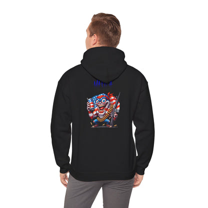 Patriotic Retro Hoodie — American Flag Skull Character Back Graphic