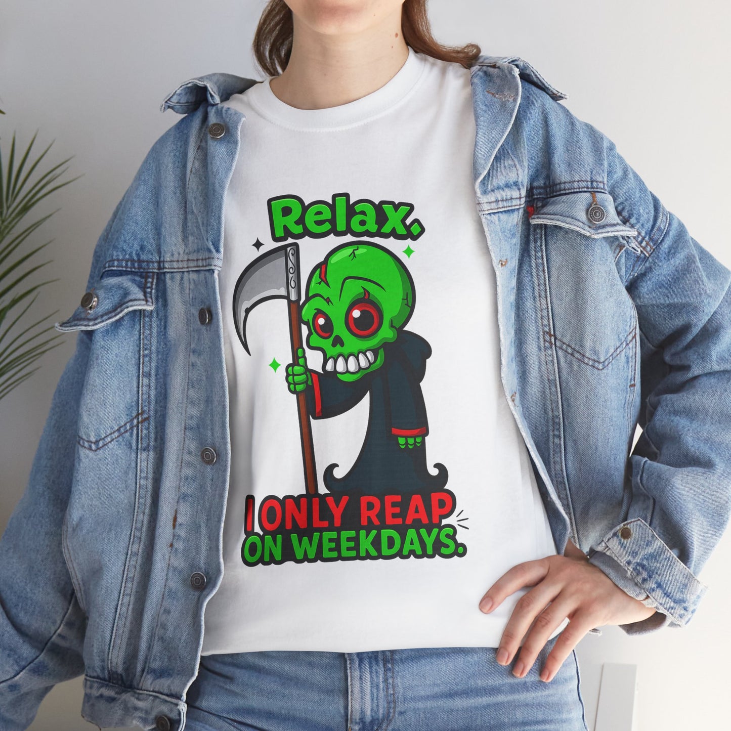 Relax I Only Reap On Weekdays T-Shirt | Grim Reaper Cartoon Tee