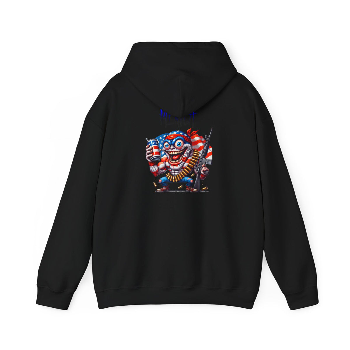 Patriotic Retro Hoodie — American Flag Skull Character Back Graphic