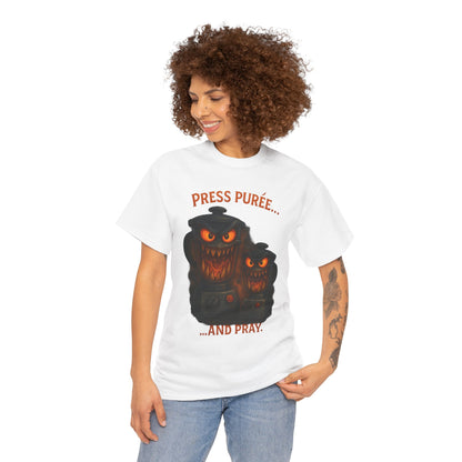 Halloween Pumpkin Tee - "Press Purée... and Pray" Spooky Jack-O'-Lantern T-Shirt