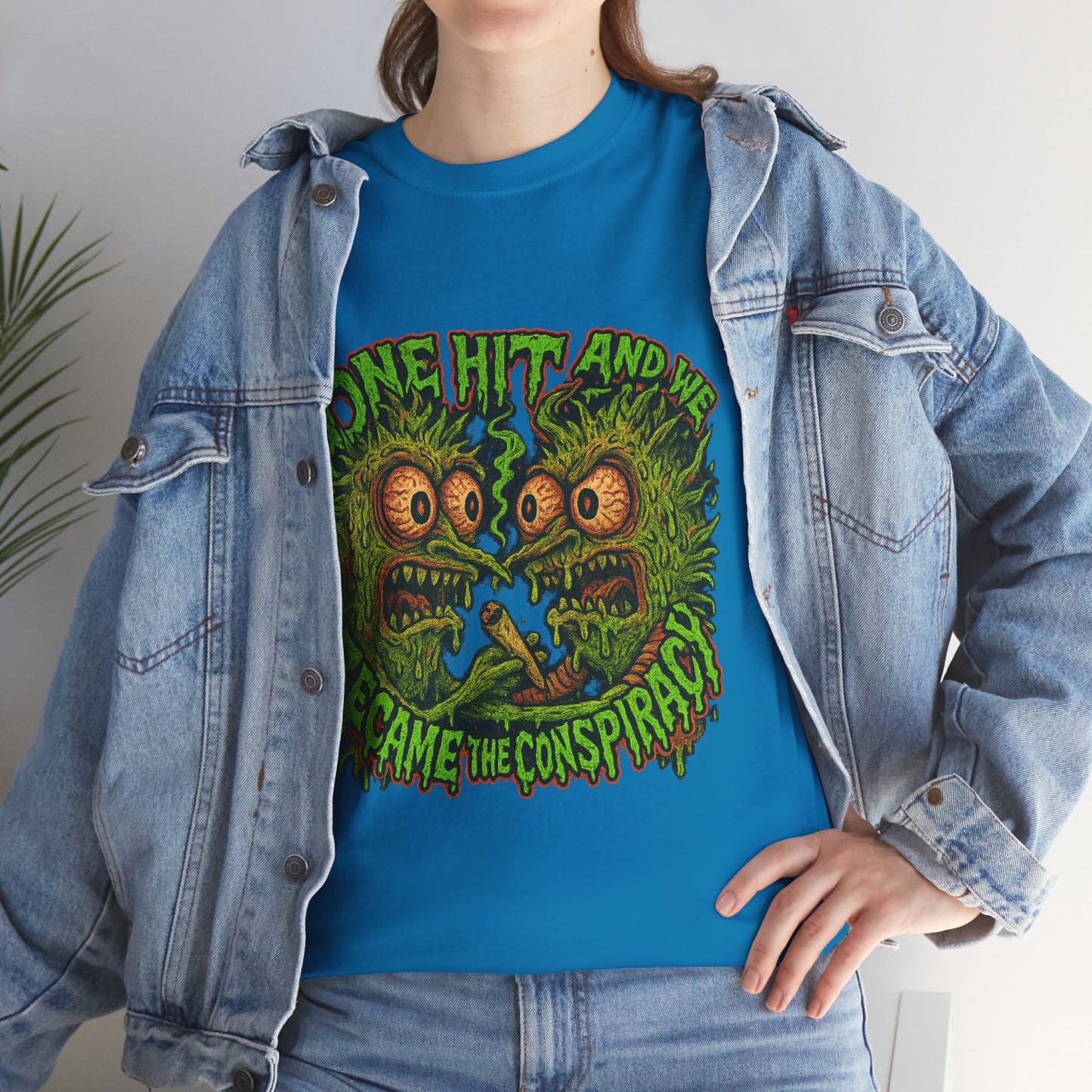 One Hit and We Became the Conspiracy – Trippy Weed Monster T-Shirt