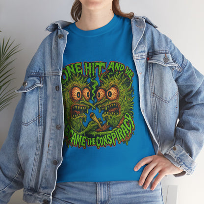 One Hit and We Became the Conspiracy – Trippy Weed Monster T-Shirt