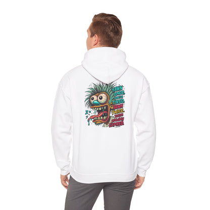 Skater Monster Graphic Hoodie — “Yawn Once, Yawn Twice, Never Appear” Retro Skate Pullover