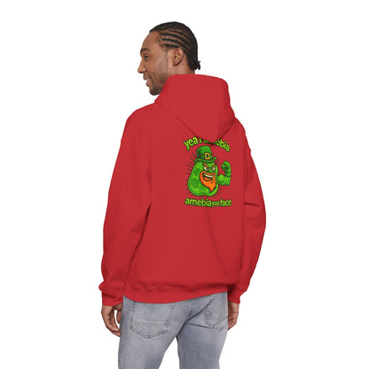 Amebiavirus St. Patrick's Day Hoodie — Funny Green Germ Mascot with 'yea bia amebiavirusface' Text