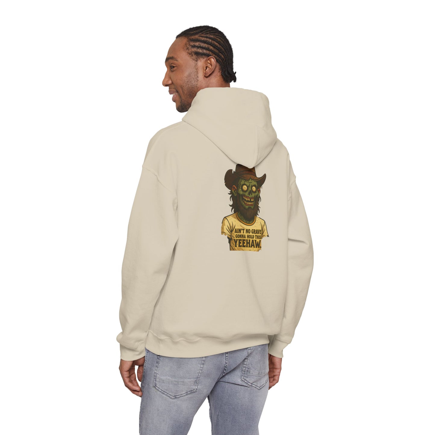 Zombie Cowboy Hoodie — "Ain't No Grave Can Hold This Man Down YEEHAW" Graphic