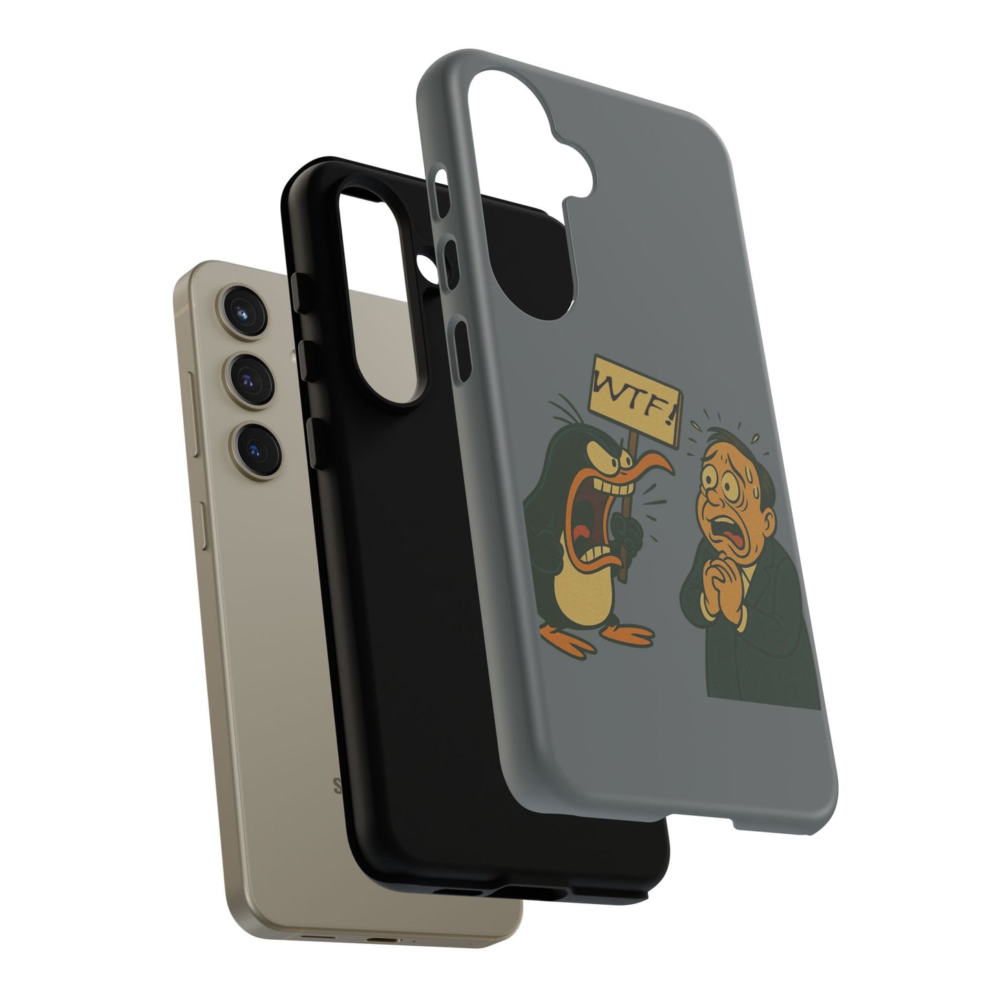 Phone Case - Cartoon Penguin Yelling 'WTF' at Shocked Man, Funny Protective iPhone Cover