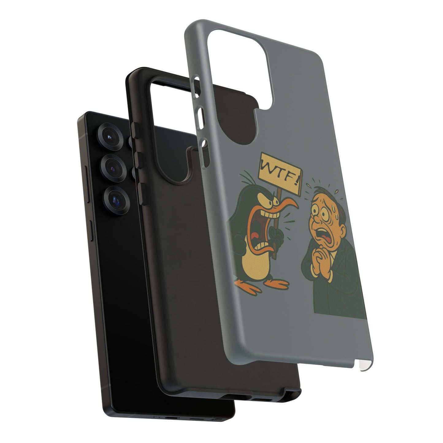 Phone Case - Cartoon Penguin Yelling 'WTF' at Shocked Man, Funny Protective iPhone Cover
