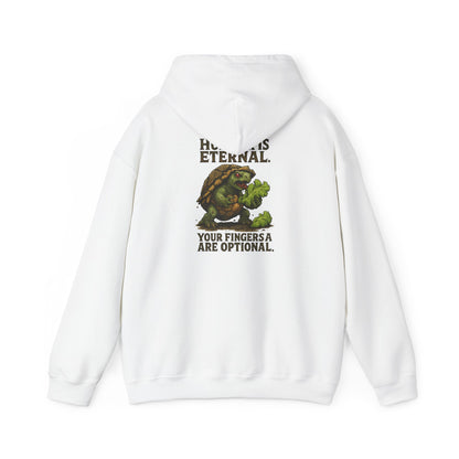 Hoodie — 'Hunger Is Eternal, Your Fingers Are Optional' Turtle Back-Print Hoodie
