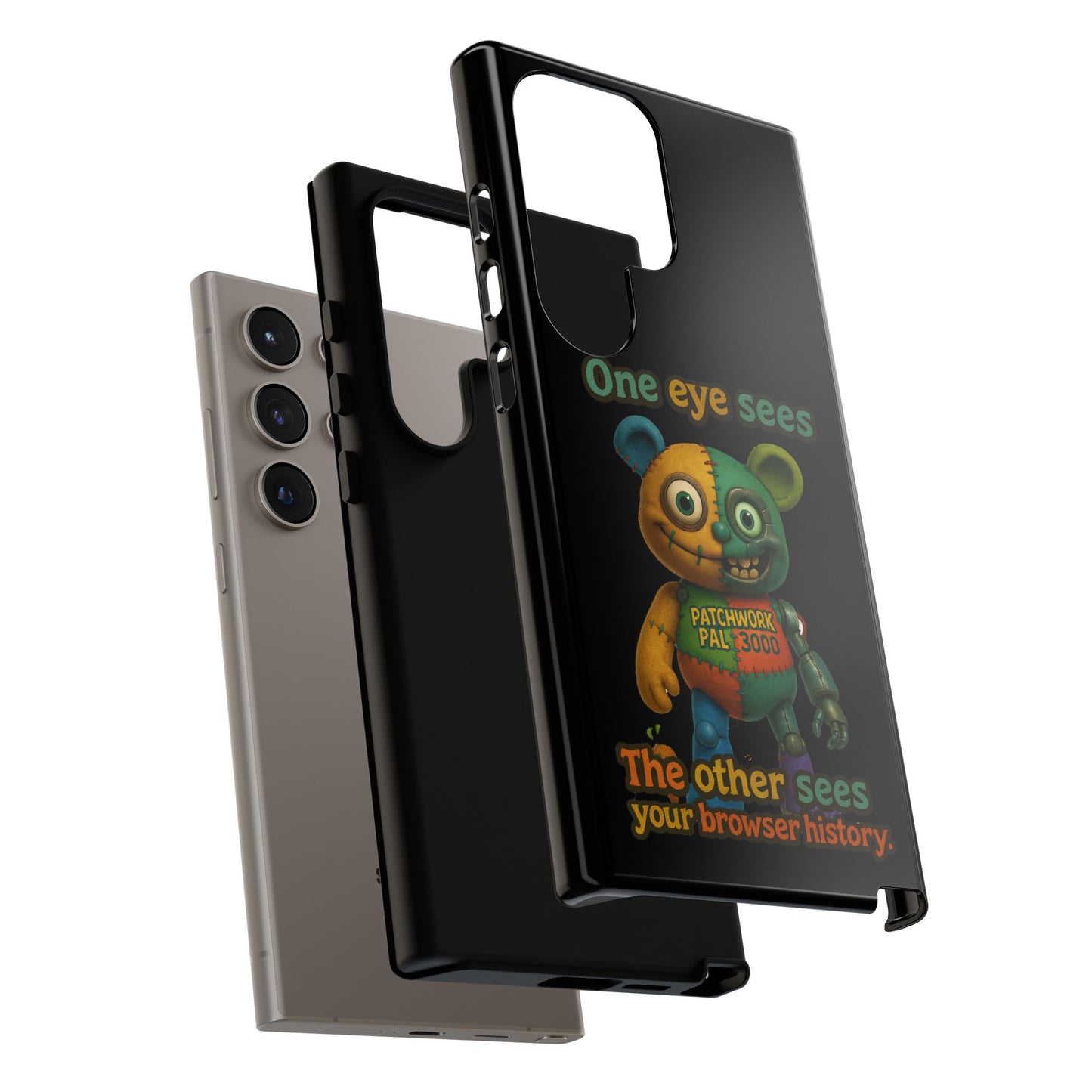 Phone Case — 'One Eye Sees, The Other Sees Your Browser History' Patchwork Bear Design