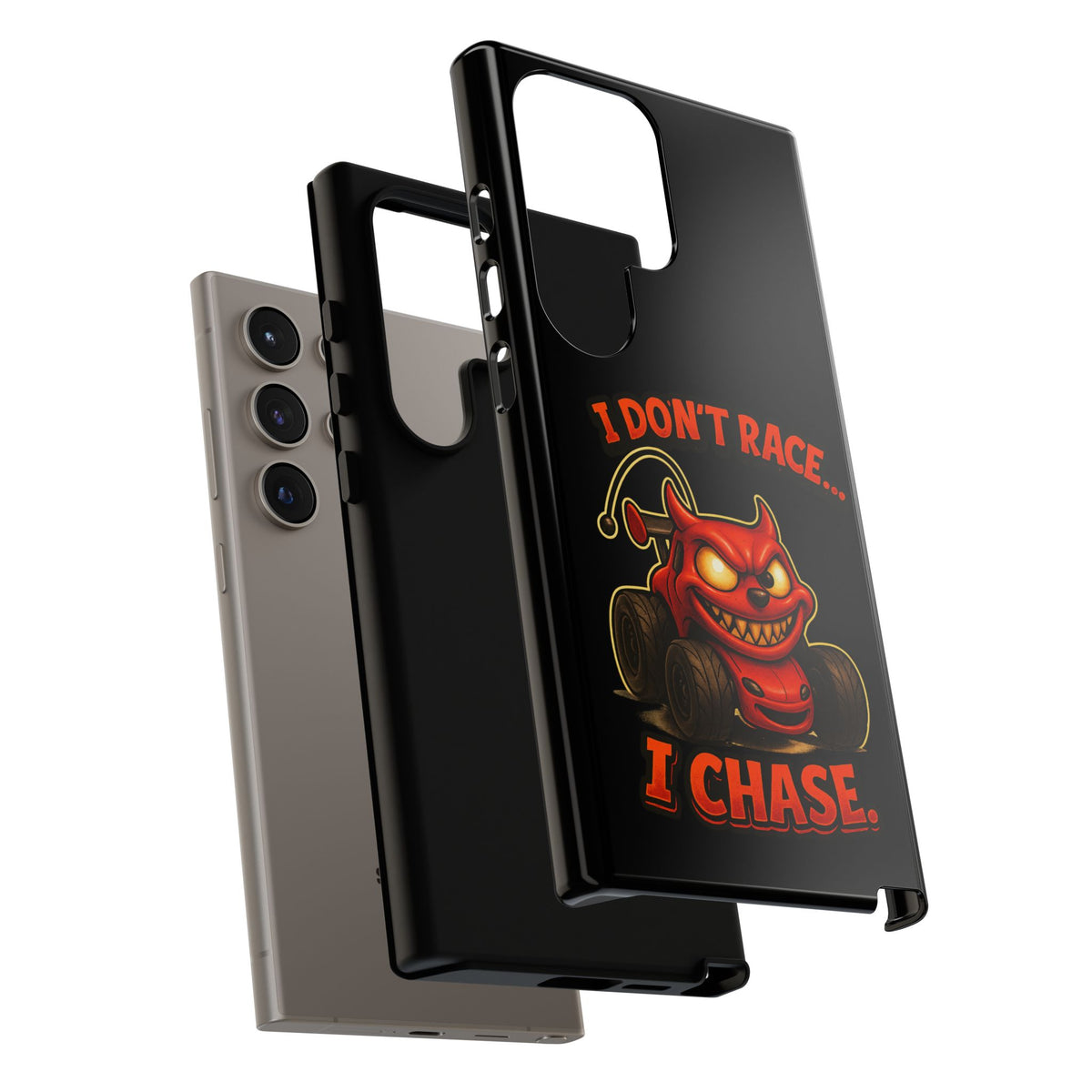 I Don't Race I Chase Phone Case — Cartoon Demon Hot Rod Design
