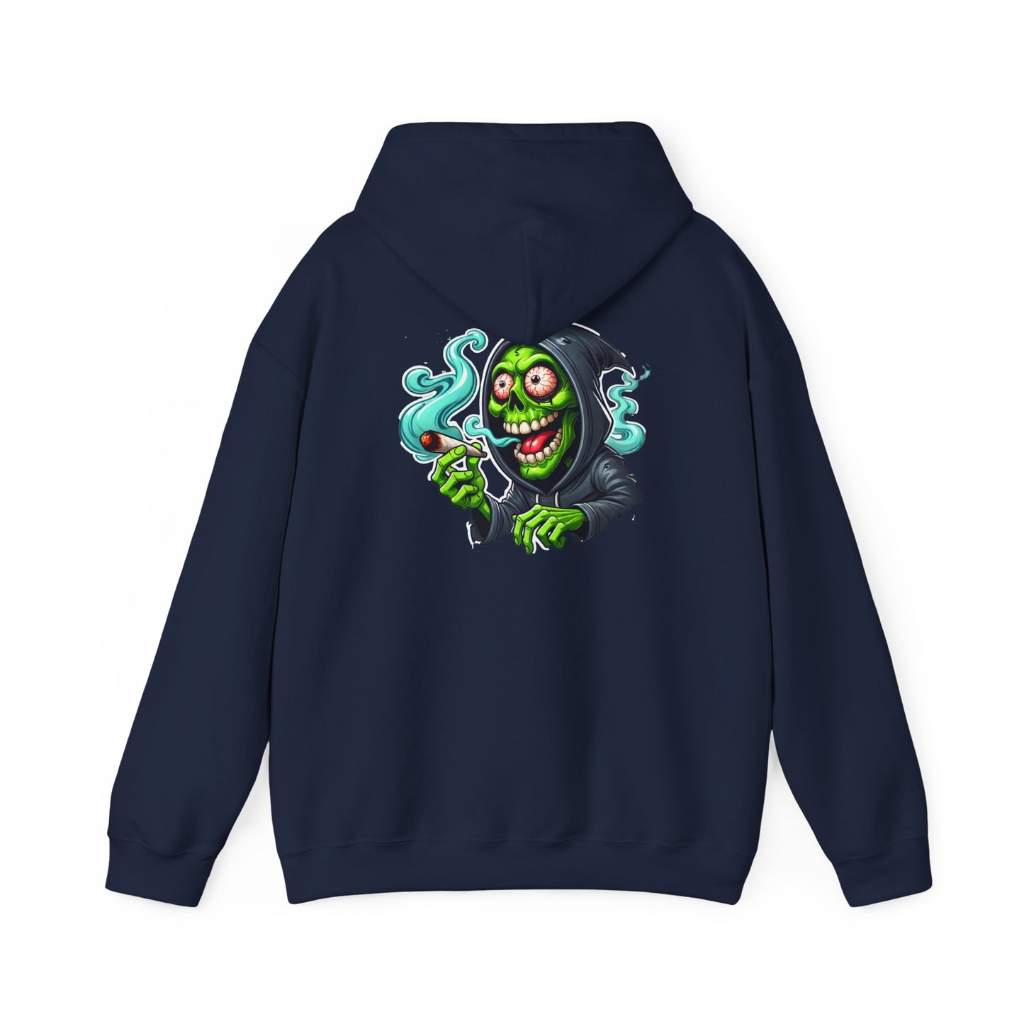 Grinning Reaper Hooded Sweatshirt – Spooky Green Skull Smoking Hoodie