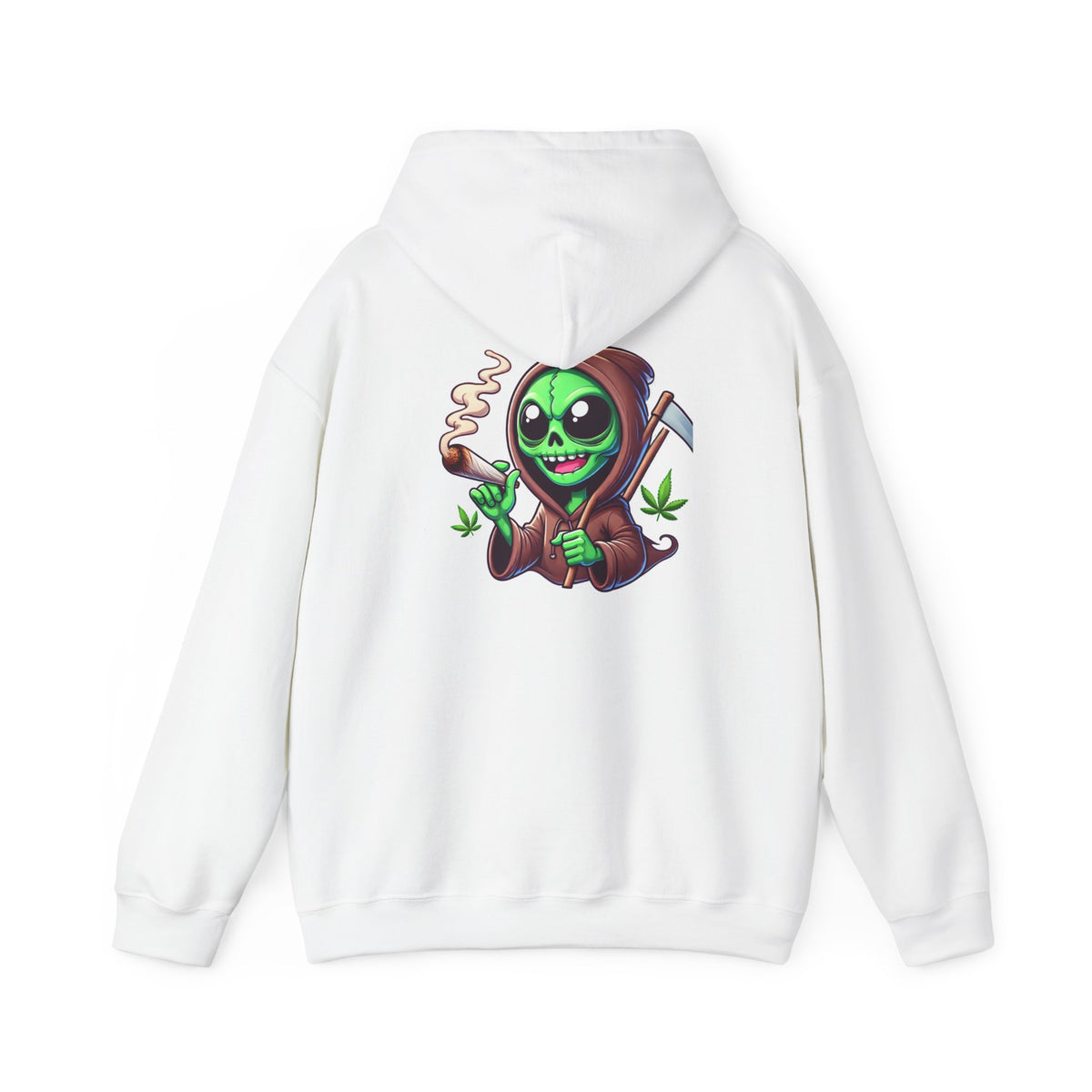 Reaper Alien Hoodie – Cute Green Grim Reaper Smoking Cartoon Graphic Hooded Sweatshirt