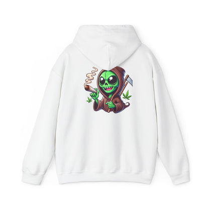 Reaper Alien Hoodie – Cute Green Grim Reaper Smoking Cartoon Graphic Hooded Sweatshirt