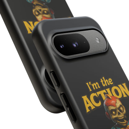 Action Figure Phone Case — "I'm the Action" Retro Skull Toy Design