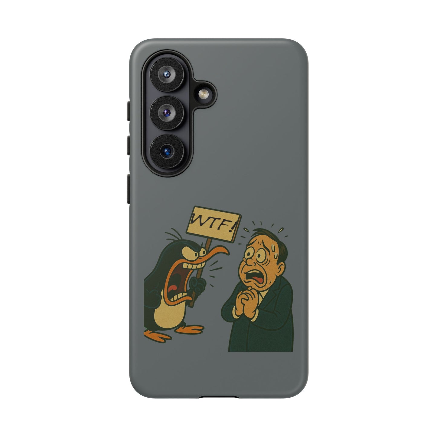 Phone Case - Cartoon Penguin Yelling 'WTF' at Shocked Man, Funny Protective iPhone Cover