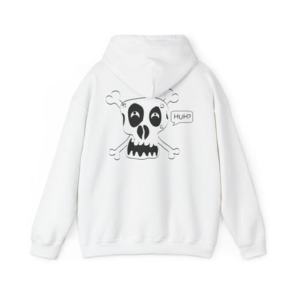 Skull & Crossbones 'Huh?' Hoodie – Edgy Cartoon Skull Back Graphic Sweatshirt