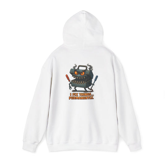 Robot Mechanic Hoodie — "I Fix Things... Permanently" Graphic Hooded Sweatshirt