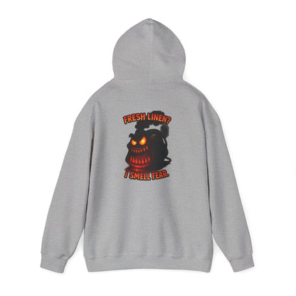 Horror Hoodie — 'Freshly Blended I Smell Fear' Graphic Back Sweatshirt