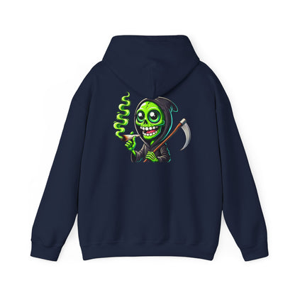 Grinning Green Grim Reaper Hoodie – Neon Smoking Skeleton Graphic Sweatshirt