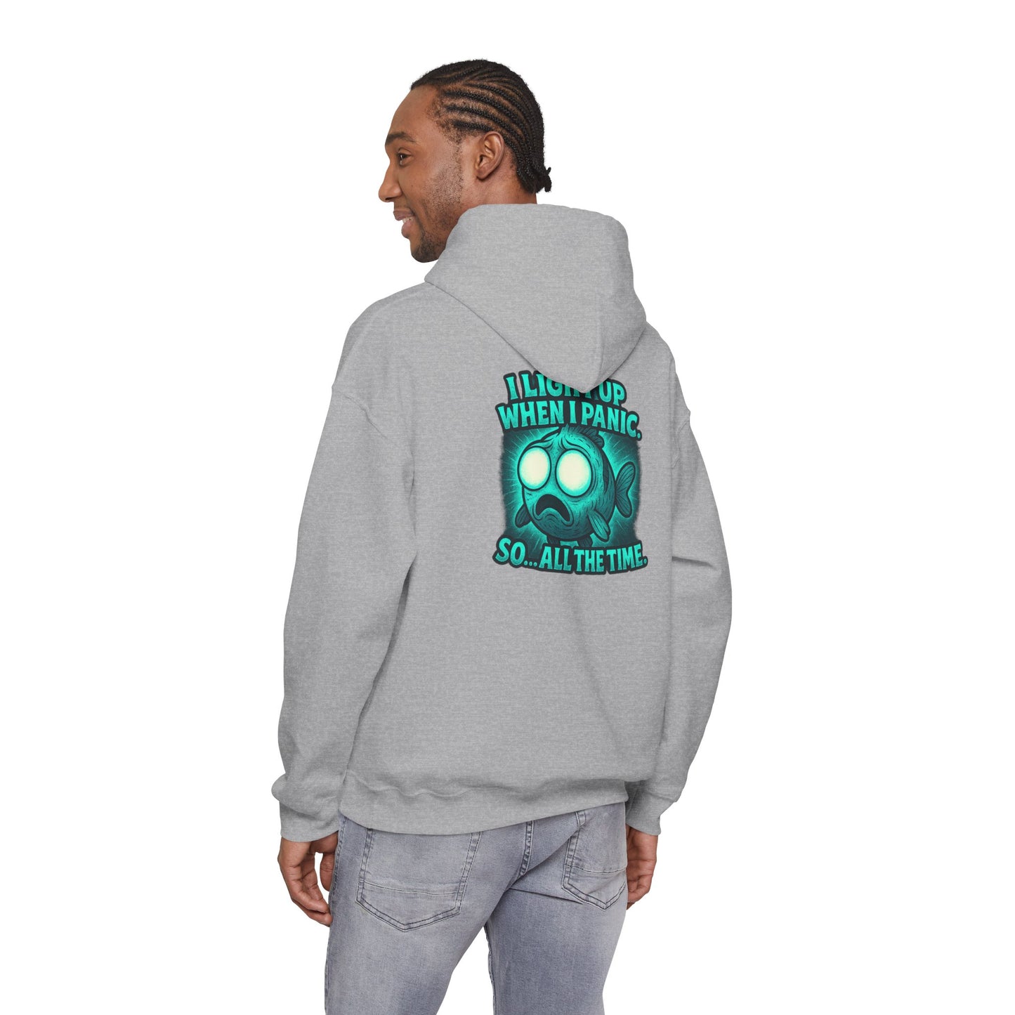 Panic Fish Hoodie — "I Lean Up When I Panic...So All The Time" Graphic Pullover