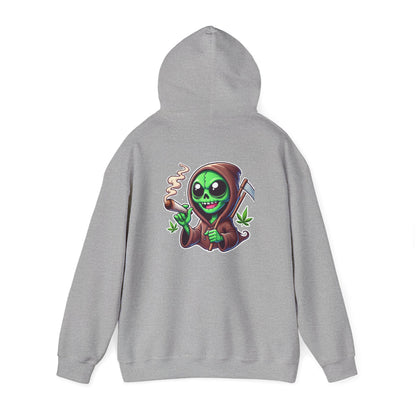 Reaper Alien Hoodie – Cute Green Grim Reaper Smoking Cartoon Graphic Hooded Sweatshirt