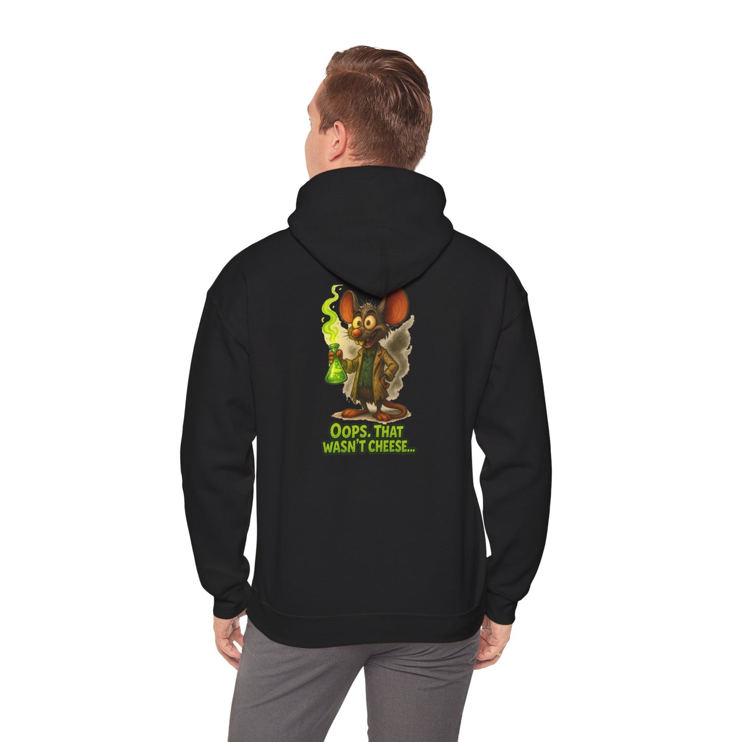 Chemistry Mouse Hoodie — "Oops, That Wasn't Cheese" Cute Scientist Graphic