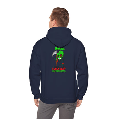 Grim Reaper Cartoon Hoodie — "I Only Read on Weekdays" Graphic Pullover