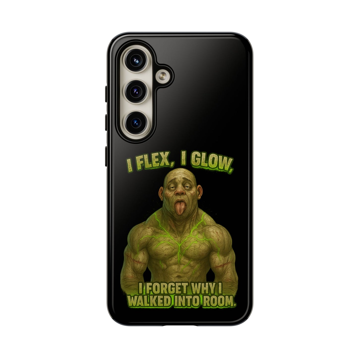 Funny Glow Gym Phone Case — "I Flex, I Glow" Humorous Bodybuilder Design