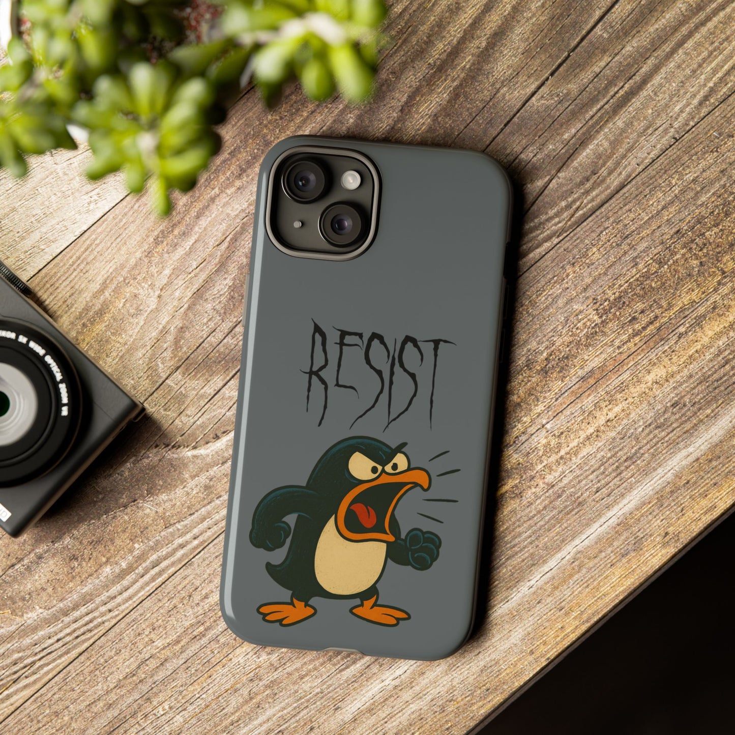 Resist Angry Penguin Phone Case — Protective iPhone Case with Bold Cartoon Design