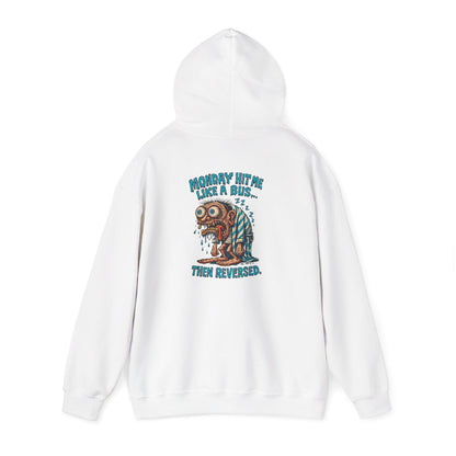 Hoodie — "Monday Hit Me Like a Bus... Then Reversed" Retro Skull Graphic Hoodie