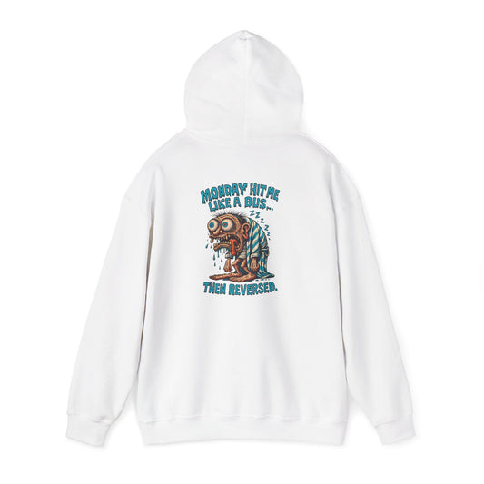Hoodie — "Monday Hit Me Like a Bus... Then Reversed" Retro Skull Graphic Hoodie