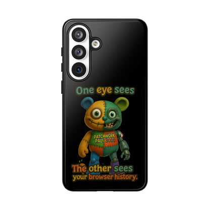 Phone Case — 'One Eye Sees, The Other Sees Your Browser History' Patchwork Bear Design