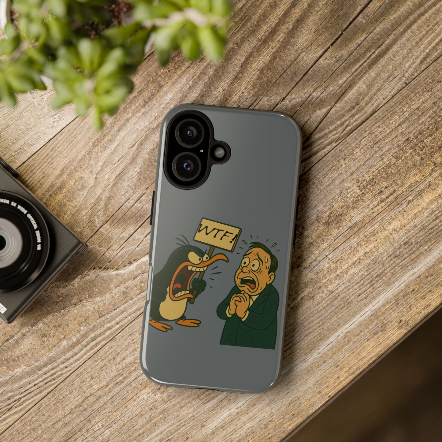 Phone Case - Cartoon Penguin Yelling 'WTF' at Shocked Man, Funny Protective iPhone Cover