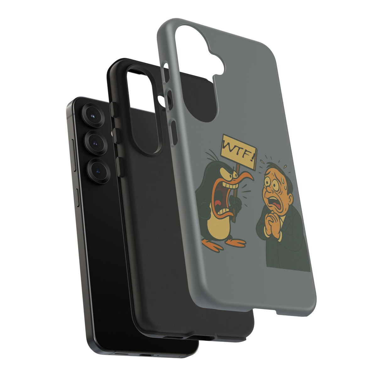 Phone Case - Cartoon Penguin Yelling 'WTF' at Shocked Man, Funny Protective iPhone Cover