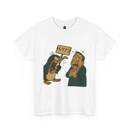Graphic Tee - Cartoon Penguin Yelling “WTF” at Shocked Man