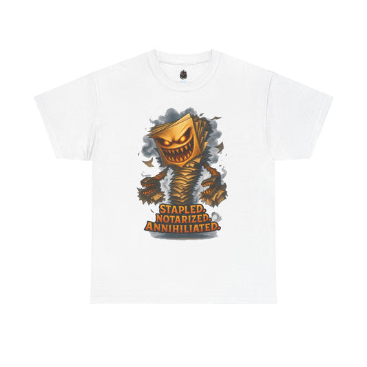 Stapled Notarized Annihilated Tee | Monster Paper Staple Design