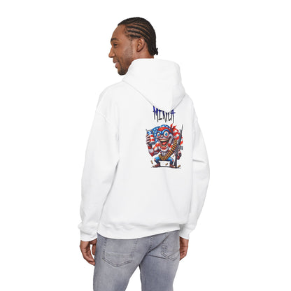 Patriotic Retro Hoodie — American Flag Skull Character Back Graphic