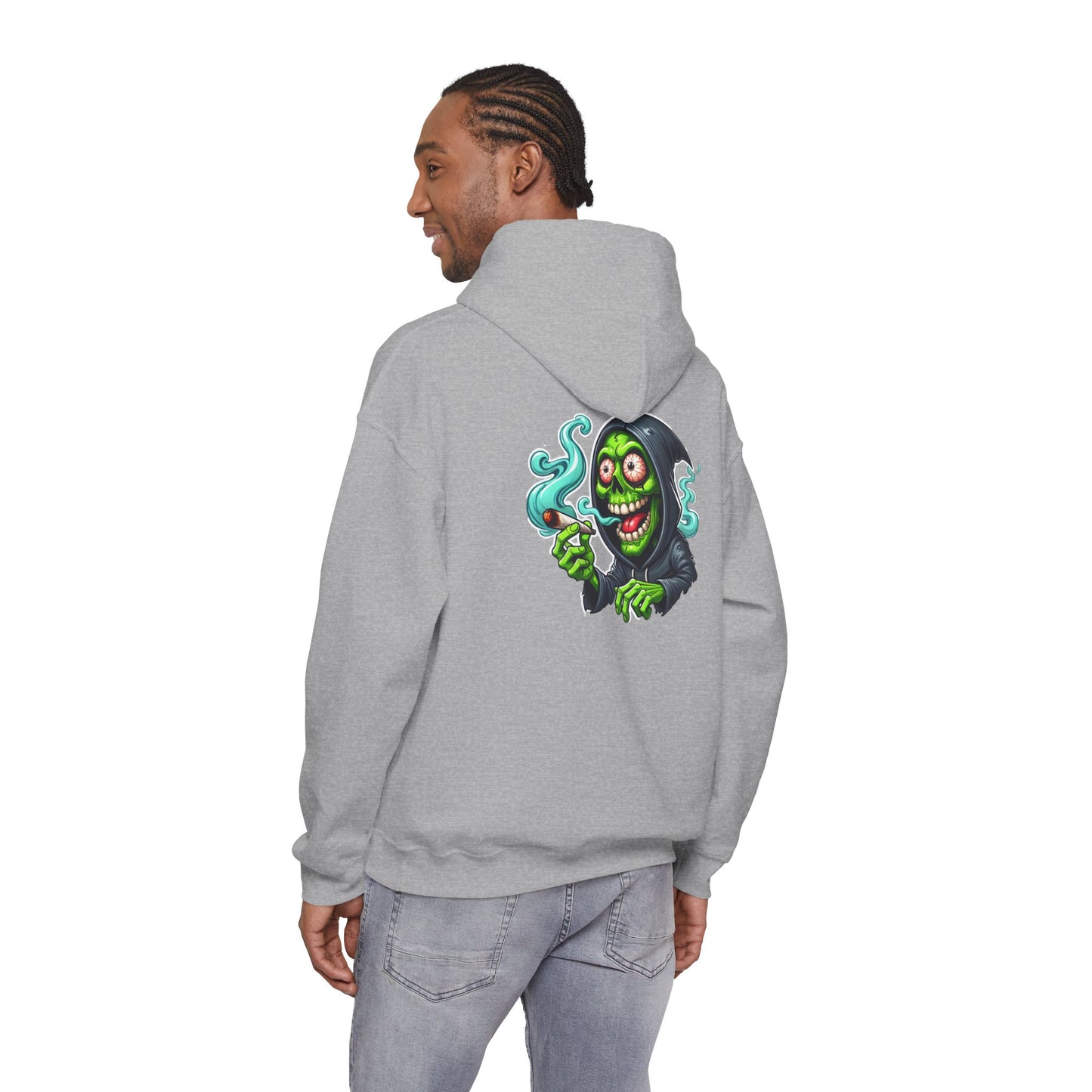 Grinning Reaper Hooded Sweatshirt – Spooky Green Skull Smoking Hoodie