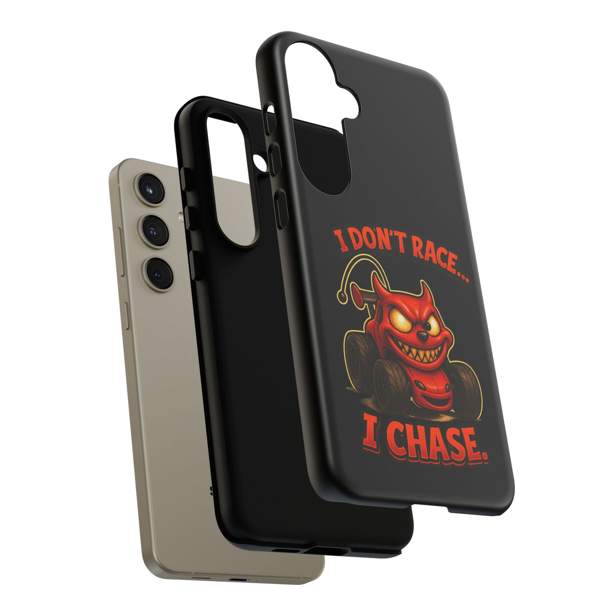 I Don't Race I Chase Phone Case — Cartoon Demon Hot Rod Design