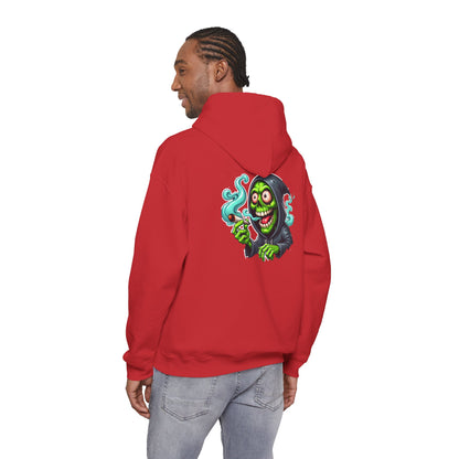 Grinning Reaper Hooded Sweatshirt – Spooky Green Skull Smoking Hoodie