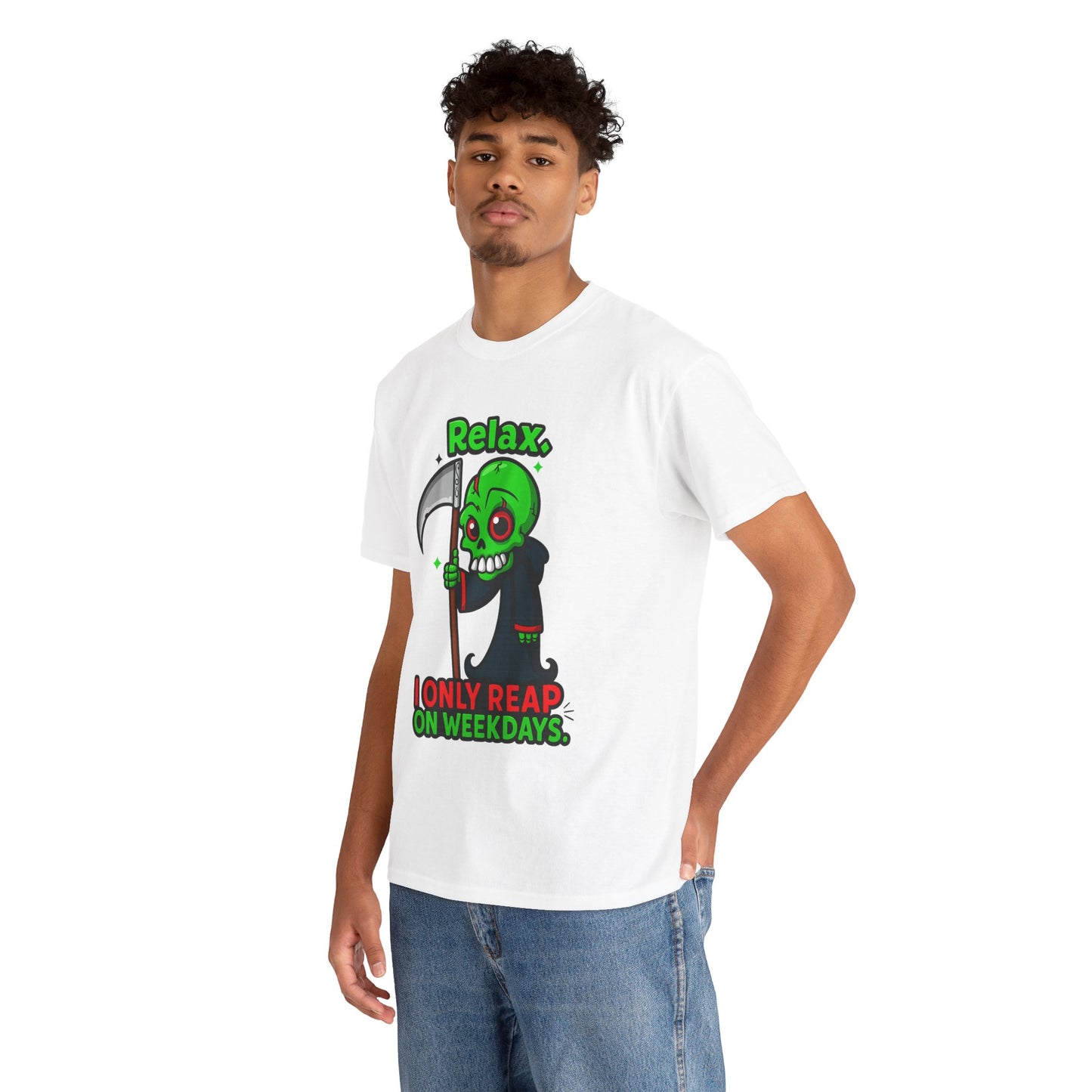 Relax I Only Reap On Weekdays T-Shirt | Grim Reaper Cartoon Tee