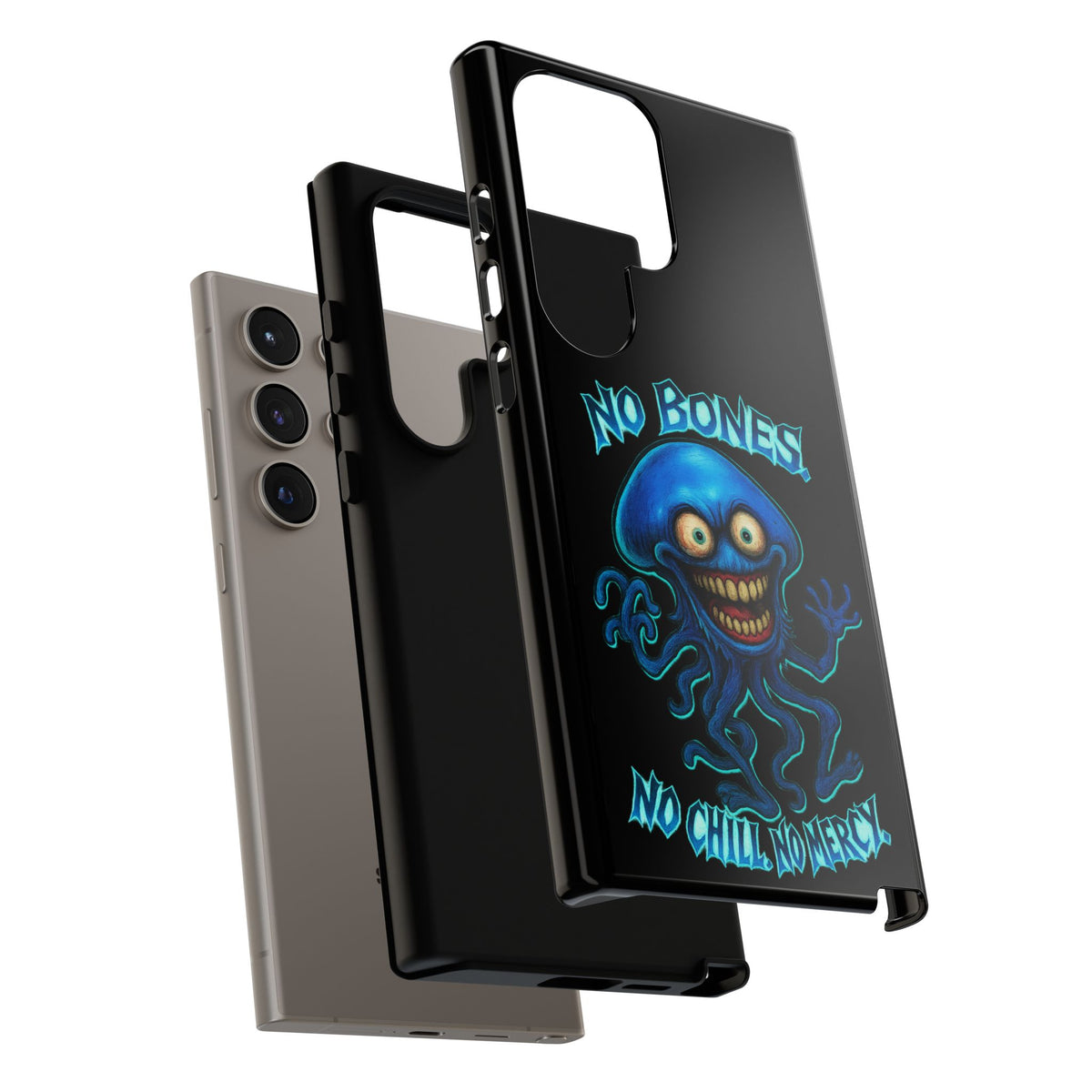 Phone Case — 'No Bones, No Chill, No Mercy' Blue Jellyfish Horror Design
