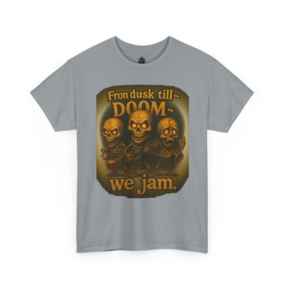 T-Shirt — "From Dusk Till Doom We Jam" Skull Band Graphic Tee