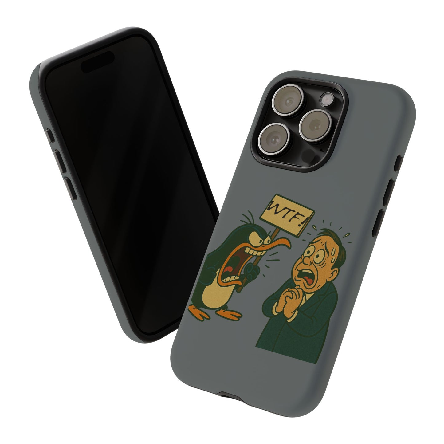 Phone Case - Cartoon Penguin Yelling 'WTF' at Shocked Man, Funny Protective iPhone Cover