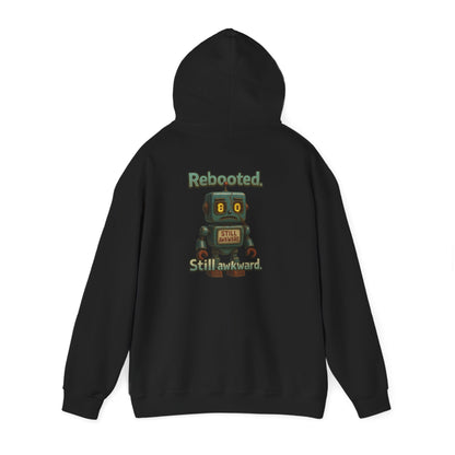 Robot Graphic Hoodie — "Rebooted. Socially Awkward." Retro Cute Robot Back Print
