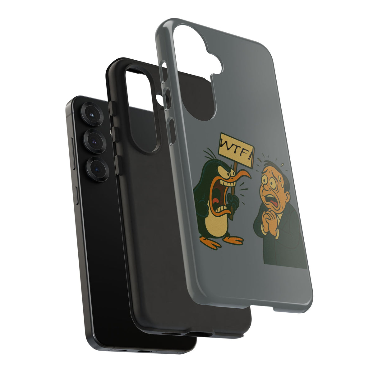 Phone Case - Cartoon Penguin Yelling 'WTF' at Shocked Man, Funny Protective iPhone Cover
