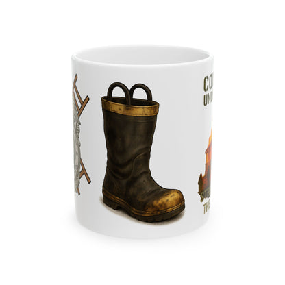 Courage Under Fire – Strength in the Smoke Firefighter Mug