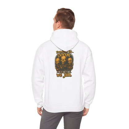 Doom We Jam Hoodie — Retro Skull Metal Band Graphic Sweatshirt